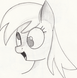 Size: 1280x1290 | Tagged: safe, artist:itsthinking, derpy hooves, pony, g4, bust, female, monochrome, open mouth, portrait, simple background, smiling, solo, traditional art