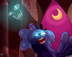 Size: 1280x1024 | Tagged: safe, artist:missmoze456, nightmare moon, princess luna, g4, glowing eyes, laughing, open mouth, s1 luna, solo, spread wings, transformation