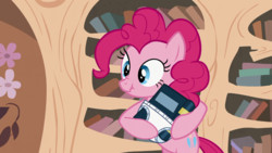 Size: 1366x768 | Tagged: safe, screencap, pinkie pie, earth pony, pony, baby cakes, g4, book, cute, diaper, female, golden oaks library, mare, scrunchy face, solo