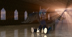 Size: 3370x1750 | Tagged: safe, artist:crombieklause, princess luna, g4, 3d, crepuscular rays, female, fluffy, looking at you, reflection, s1 luna, sitting, solo, spread wings