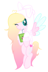 Size: 776x1152 | Tagged: safe, artist:little903, oc, oc only, oc:sunshine sprinkles, pegasus, pony, bunny ears, clothes, female, flying, hoodie, juice, juice box, mare, one eye closed, simple background, solo, transparent background, wink