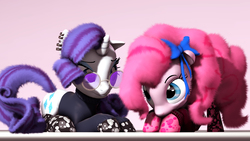Size: 3840x2160 | Tagged: safe, artist:alexamiha, pinkie pie, rarity, g4, 3d, bow, clothes, ear piercing, earring, fluffy mane, glasses, hair bow, high res, jewelry, piercing, prone, socks, source filmmaker, sweater