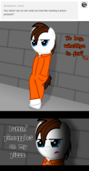 Size: 2520x4834 | Tagged: safe, artist:aarondrawsarts, oc, oc only, oc:brain teaser, clothes, high res, jail, jumpsuit, pineapple pizza, prison, prison outfit, solo, thug life, tumblr