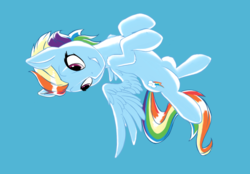 Size: 2000x1390 | Tagged: safe, artist:vistamage, rainbow dash, g4, blue background, faic, female, flying, looking back, on back, simple background, smug, smugdash, solo, spread wings, wings