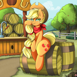 Size: 4000x4000 | Tagged: safe, artist:ciderpunk, applejack, earth pony, pony, semi-anthro, g4, apple tree, bandana, barrel, bedroom eyes, clothes, cowboy hat, female, hat, looking at you, sitting, smiling, solo, stetson, tree