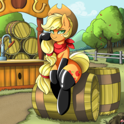 Size: 4000x4000 | Tagged: safe, artist:ciderpunk, derpibooru exclusive, applejack, earth pony, pony, semi-anthro, g4, apple tree, bandana, barrel, bedroom eyes, clothes, colored pupils, female, fireproof boots, latex, looking at you, scarf, sitting, smiling, socks, solo, sweet apple acres, tree