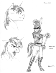 Size: 1100x1444 | Tagged: safe, artist:baron engel, shining armor, anthro, unguligrade anthro, g4, clothes, dress uniform, floppy ears, male, monochrome, open mouth, pencil drawing, simple background, sketch, smiling, solo, sword, traditional art, uniform, weapon, white background