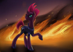 Size: 1837x1302 | Tagged: safe, artist:justcarolineklein, fizzlepop berrytwist, tempest shadow, pony, unicorn, g4, my little pony: the movie, armor, broken horn, female, fire, horn, raised hoof, solo