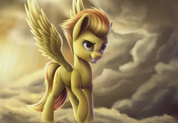 Size: 5000x3461 | Tagged: safe, artist:deltauraart, spitfire, pegasus, pony, g4, absurd resolution, cloud, female, grin, mare, raised hoof, smiling, solo, spread wings