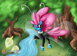 Size: 2031x1476 | Tagged: safe, artist:calena, seabreeze, breezie, g4, flower, grass, male, open mouth, patreon, patreon logo, river, scenery, signature, solo, tree