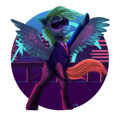 Size: 1000x1000 | Tagged: safe, artist:php154, derpy hooves, pegasus, pony, g4, aesthetics, bipedal, clothes, female, grin, raised hoof, smiling, solo, spread wings, suit, sunglasses, vaporwave