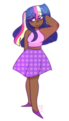 Size: 1024x1792 | Tagged: safe, artist:cubbybatdoodles, twilight sparkle, human, g4, clothes, cute, dark skin, female, humanized, rainbow ponies, raised arm, shoes, simple background, skirt, solo, transparent background