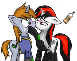 Size: 1302x1020 | Tagged: safe, artist:wellfugzee, derpibooru exclusive, oc, oc only, oc:blackjack, oc:littlepip, cyborg, pony, unicorn, fallout equestria, fallout equestria: project horizons, alcohol, blushing, bottle, clothes, drunk, drunk bubbles, fanfic, fanfic art, female, floppy ears, glowing horn, hooves, horn, jumpsuit, kiss on the lips, kissing, lesbian, levitation, magic, mare, pipbuck, raised hoof, shipping, simple background, skunk stripe, surprise kiss, telekinesis, transparent background, vault suit, whiskey, wide eyes, wild pegasus