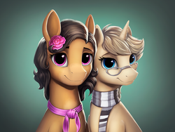 Size: 1600x1206 | Tagged: safe, artist:l1nkoln, oc, oc only, earth pony, pony, unicorn, clothes, duo, female, mare, scarf