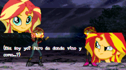 Size: 640x358 | Tagged: safe, artist:toonalexsora007, sunset shimmer, equestria girls, g4, my little pony equestria girls: friendship games, animated, cloud, duality, female, gif, mugen, quote, rain, self paradox, skull, spanish, street fighter alpha 3, sunset sees things, thunderstorm