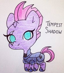 Size: 1024x1157 | Tagged: safe, artist:xpyxisx, fizzlepop berrytwist, tempest shadow, pony, unicorn, g4, my little pony: the movie, broken horn, chibi, cute, female, horn, solo, tempestbetes, traditional art