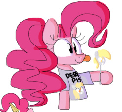 Size: 439x403 | Tagged: safe, artist:hattsy, derpy hooves, pinkie pie, pony, g4, clothes, female, flockmod, hoof hold, shirt, solo, tongue out