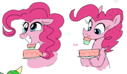 Size: 501x294 | Tagged: safe, artist:hattsy, artist:pochatochek, pinkie pie, earth pony, pony, g4, 2 panel comic, cake, comic, cupcake, female, flockmod, food, looking down, mare, plate, smiling, solo, sticky