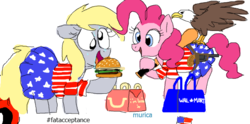 Size: 668x332 | Tagged: safe, artist:hattsy, artist:shutterflye, derpy hooves, pinkie pie, bald eagle, eagle, pegasus, pony, g4, bag, burger, clothes, dress, female, food, hamburger, happy meal, mare, murica, open mouth, pleated skirt, shirt, skirt, skirt lift