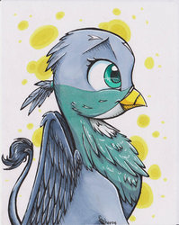 Size: 1024x1286 | Tagged: safe, artist:fanch1, gabby, griffon, g4, abstract background, alcohol markers, bust, chest fluff, cute, female, fluffy, markers, on side, portrait, profile, smiling, solo, traditional art