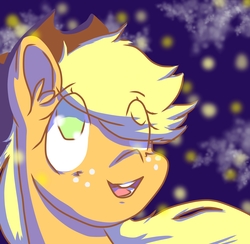 Size: 1950x1903 | Tagged: safe, artist:kenishra, applejack, firefly (insect), g4, cowboy hat, ear fluff, female, freckles, hat, looking up, open mouth, smiling, solo, stetson