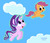 Size: 3933x3405 | Tagged: safe, artist:newportmuse, scootaloo, starlight glimmer, pegasus, pony, unicorn, g4, buzzing wings, cloud, cute, cutealoo, duo, female, filly, flapping, flying, foal, glimmerbetes, high res, levitation, looking at each other, looking back, magic, mare, open mouth, scootaloo can fly, scootalove, self-levitation, signature, sky, smiling, spread wings, telekinesis, wings