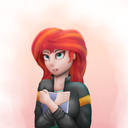 Size: 2000x2000 | Tagged: safe, artist:vanillaghosties, sunset shimmer, human, g4, book, clothes, equestria girls outfit, female, high res, humanized, jacket, leather jacket, simple background, smiling, solo