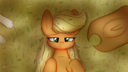 Size: 3000x1700 | Tagged: safe, artist:heir-of-rick, applejack, winona, dog, earth pony, pony, daily apple pony, g4, cowboy hat, cute, female, freckles, hat, hay, lidded eyes, looking at you, lying down, mare, on back, resting, smiling, solo, stetson