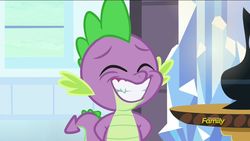 Size: 1920x1080 | Tagged: safe, screencap, spike, dragon, g4, the times they are a changeling, arm behind back, baby, baby dragon, crystal empire, cute, discovery family, discovery family logo, eyebrows, eyes closed, grin, hands behind back, innocent, logo, male, smiling, solo, spikabetes, table, teeth, vase, watermark, window