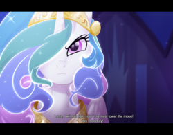 Size: 944x736 | Tagged: safe, artist:gamblingfoxinahat, princess celestia, g4, princess twilight sparkle (episode), castle of the royal pony sisters, female, frown, hair over one eye, scene interpretation, solo, stoic, text