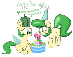 Size: 1280x1000 | Tagged: safe, artist:hattsy, artist:shutterflye, pinkie pie, oc, pony, g4, bipedal, cake, food, happy birthday, hat, micro, party hat, pepper, size difference, smiling