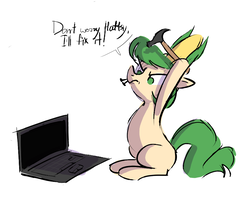 Size: 950x850 | Tagged: safe, artist:pochatochek, oc, oc only, computer, corn, dialogue, food, hammer, hoof hold, laptop computer, mouth hold, nails, sitting, solo