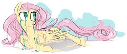 Size: 604x257 | Tagged: safe, artist:pochatochek, fluttershy, pony, g4, color loss, crying, female, looking away, looking up, prone, smudge, solo, stain, teary eyes