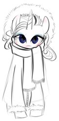 Size: 293x604 | Tagged: safe, artist:pochatochek, rarity, pony, g4, blushing, clothes, coat, female, hat, looking at you, partial color, scarf, solo