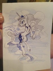 Size: 453x604 | Tagged: safe, artist:pochatochek, princess luna, pony, g4, crown, female, flying, horseshoes, jewelry, looking back, partial color, peytral, regalia, solo, traditional art