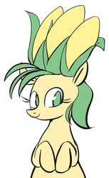 Size: 329x539 | Tagged: safe, artist:pochatochek, oc, oc only, earth pony, pony, bust, corn, food, looking at you, simple background, smiling, solo, white background