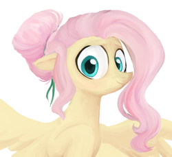 Size: 484x444 | Tagged: safe, artist:pochatochek, fluttershy, pony, g4, alternate hairstyle, bust, female, hair bun, looking at you, portrait, simple background, solo, spread wings, white background