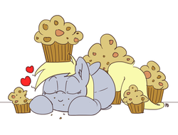 Size: 1280x975 | Tagged: safe, artist:pabbley, derpy hooves, pony, g4, crumbs, cute, female, food, heart, muffin, prone, simple background, sleeping, solo, white background