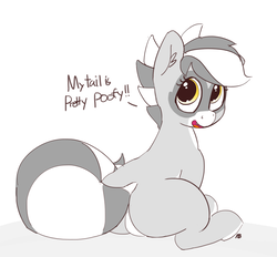 Size: 1280x1186 | Tagged: safe, artist:pabbley, oc, oc only, oc:bandy cyoot, ask, butt, cute, dialogue, looking back, plot, puffy tail, simple background, sitting, solo, tumblr, white background
