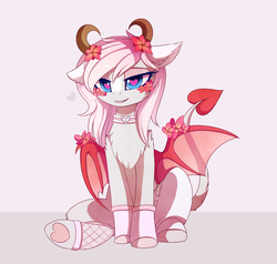 Size: 2849x2715 | Tagged: safe, artist:magnaluna, oc, oc only, oc:minxy bearheart, demon, monster pony, pony, succubus, bedroom eyes, chest fluff, collar, commission, female, fishnet stockings, floppy ears, flower, flower in hair, heart, heart eyes, high res, horn, mare, sitting, solo, succupony, wingding eyes, wings