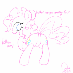 Size: 1080x1080 | Tagged: safe, artist:aitureria, pinkie pie, earth pony, pony, g4, adorasexy, butt, cute, dialogue, dock, featureless crotch, female, hips, innocent, lineart, looking at you, plot, sexy, simple background, smiling, solo, white background, wide eyes, wide hips