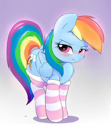 Size: 2500x2800 | Tagged: safe, artist:heavymetalbronyyeah, rainbow dash, pegasus, pony, backwards cutie mark, blushing, cheek fluff, chest fluff, clothes, cute, dashabetes, dock, embarrassed, female, fluffy, frown, glare, gradient background, high res, hnnng, lidded eyes, looking at you, mare, multicolored hair, rainbow dash always dresses in style, raised tail, socks, solo, striped socks, tail, thigh highs, unamused, weapons-grade cute