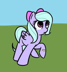 Size: 995x1067 | Tagged: safe, artist:neuro, flitter, pegasus, pony, g4, bandaid, bow, candy, female, food, hair bow, lollipop, looking up, mare, raised hoof, solo