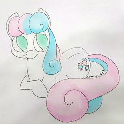Size: 600x600 | Tagged: safe, artist:domino626, bon bon, sweetie drops, earth pony, pony, g4, female, markers, no pupils, prone, smiling, solo, traditional art