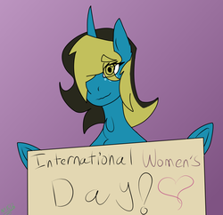 Size: 912x884 | Tagged: safe, artist:moonakart13, artist:moonaknight13, oc, oc only, alicorn, pony, alicorn oc, freckles, gradient background, heart, holding sign, international women's day, smiling, solo, text, women's day
