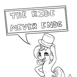 Size: 500x500 | Tagged: safe, artist:keeponhatin, oc, oc only, pony, unicorn, black and white, grayscale, hat, lineart, monochrome, mr. bones' wild ride, simple background, solo, speech bubble, the ride never ends, top hat, white background