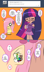 Size: 733x1201 | Tagged: safe, artist:born-to-die, fluttershy, twilight sparkle, human, g4, askadorkabletwi, christmas lights, christmas tree, clothes, cute, dark skin, dialogue, dress, duo, glasses, humanized, misspelling, present, skirt, snow, speech bubble, sundress, tree, tumblr