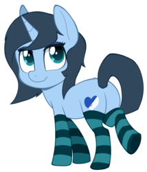 Size: 827x965 | Tagged: safe, artist:higglytownhero, oc, oc only, oc:blue pill, pony, unicorn, butt, chibi, clothes, colored pupils, cute, female, looking at you, looking back, mare, plot, raised leg, simple background, smiling, socks, solo, striped socks, transparent background, underhoof
