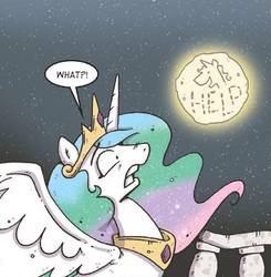 Size: 581x594 | Tagged: safe, artist:katie cook, prince blueblood, princess celestia, alicorn, pony, g4, spoiler:comic, spoiler:comicdeviations, dialogue, full moon, gritted teeth, help, moon, night, night sky, spread wings, stars, to the moon
