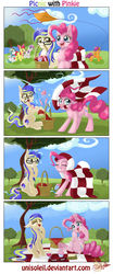 Size: 700x1680 | Tagged: safe, artist:unisoleil, apple bloom, pinkie pie, scootaloo, sweetie belle, oc, oc:madeline, oc:solo serenity, earth pony, pegasus, pony, unicorn, g4, basket, comic, cupcake, cutie mark crusaders, female, food, glasses, kite, kite flying, laughing, mare, mouth hold, picnic, picnic blanket, silly, silly pony